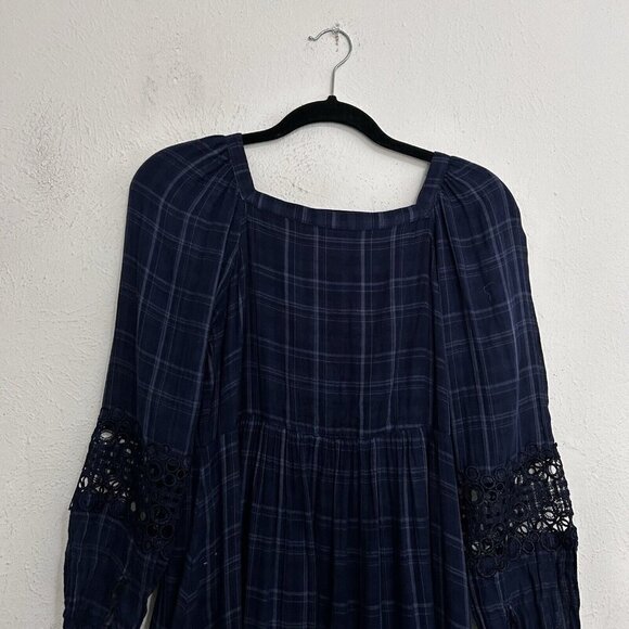 AKEMI + KIN ANTHROPOLOGIE Codie Kerchief DRESS Crochet Trim Blue Plaid Size - Picture 13 of 16